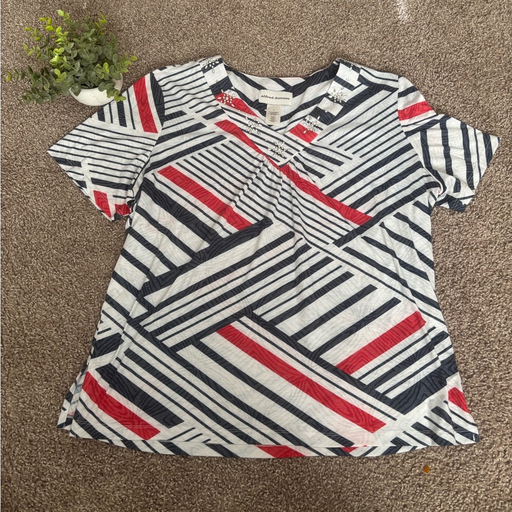 Alfred Dunner Geometric Embellished Top in Red, Navy, and White